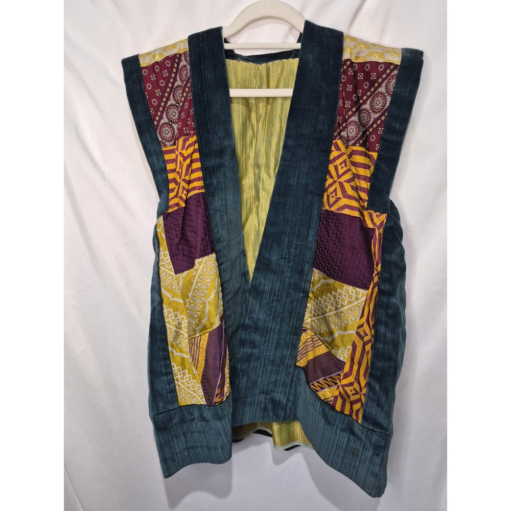 Handmade Patchwork Corduroy Brocade Vest Teal Purple Yellow Boho Artisan